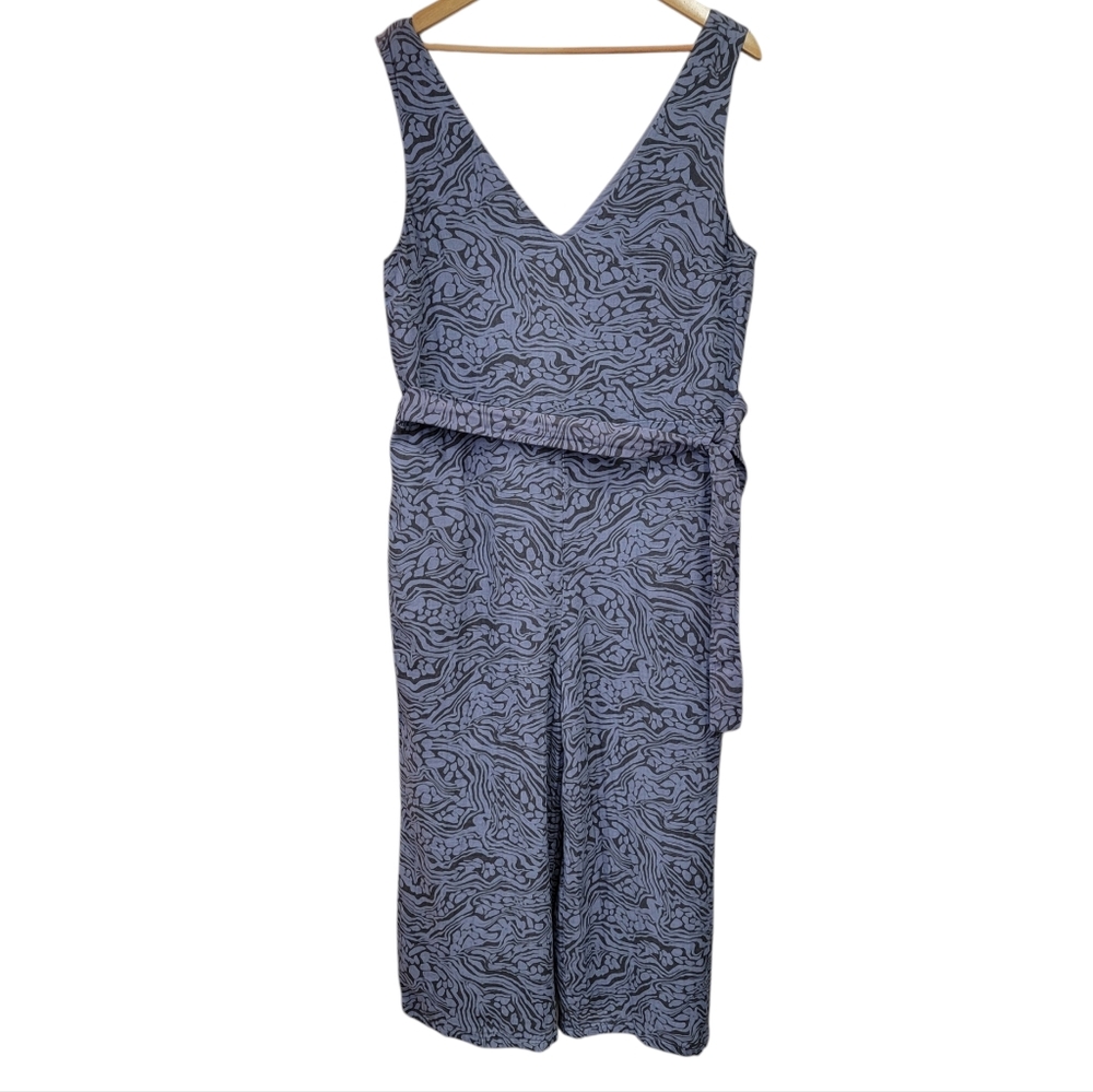 Calme Easy V Neck Belted Jumpsuit Printed Grey Blue Pockets Gauze Women’…